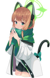 Rule 34 | 1girl, absurdres, animal ear headphones, animal ears, black shorts, blonde hair, blue archive, blush, bow, coat, cowboy shot, cropped legs, fake animal ears, green bow, green eyes, green halo, green scarf, hair bow, halo, headphones, highres, long sleeves, midori (blue archive), open clothes, open coat, osmium-76, parted lips, scarf, shirt, short hair, shorts, solo, white coat, white shirt, wide sleeves