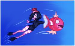 Rule 34 | 1girl, animal, black bodysuit, black footwear, black hair, blue eyes, bodysuit, breasts, creatures (company), diving mask, diving suit, drantyno, fish, flippers, game freak, gen 1 pokemon, gloves, goggles, hat, highres, holding breath, magikarp, nintendo, open mouth, pantyhose, pink gloves, pink pantyhose, pokemon, pokemon (creature), pokemon sm, red hat, selene (pokemon), short hair, small breasts, striped clothes, striped pantyhose, swimming, underwater, water, wetsuit
