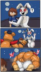 Rule 34 | !, !?, 1girl, 2boys, animal costume, arm grab, ass, ass grab, breasts, brown hair, rabbit costume, costume, curvy, enigi09, five nights at freddy&#039;s, five nights at freddy&#039;s: security breach, freddy fazbear, glamrock freddy, grabbing, gregory (fnaf), happy sex, heart, hetero, highres, huge ass, looking at another, mating press, motion lines, multiple boys, night, night sky, open mouth, penis, running, sex, simple background, sky, smile, speech bubble, testicles, trembling, vaginal, vanny (fnaf), voyeurism, what