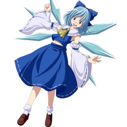 Rule 34 | 1girl, bad id, bad pixiv id, blue dress, blue eyes, blue hair, blush, bow, cirno, cosplay, detached sleeves, dress, hair bow, hakurei reimu, hakurei reimu (cosplay), japanese clothes, long sleeves, matching hair/eyes, midriff, miko, navel, open mouth, simple background, smile, solo, touhou, tsukishiro saika, white background, wings