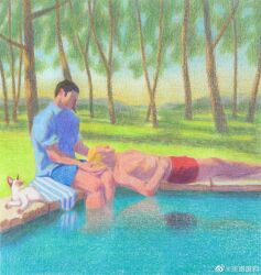 Rule 34 | 2boys, absurdres, bara, black hair, blonde hair, buzz cut, cat, couple, dagou (yuzhou fei gou), faceless, faceless male, forest, grass, hands on another&#039;s head, highres, lap pillow, long sideburns, male focus, male swimwear, multiple boys, nature, original, painterly, pool, red male swimwear, reflection, reflective water, short hair, sideburns, swim trunks, topless male, tree, very short hair, yaoi