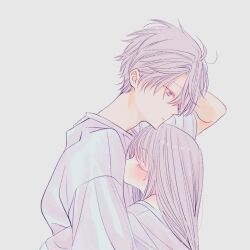 Rule 34 | 1boy, 1girl, age difference, blush, brother and sister, closed eyes, couple, expressionless, from side, grey eyes, grey hair, hug, long hair, looking at another, original, profile, shirt, short hair, siblings, upper body, waramugu