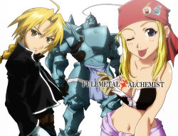 Rule 34 | 00s, 1girl, 2boys, :p, ;p, alphonse elric, armor, bandana, bandeau, blonde hair, blue eyes, braid, breasts, cleavage, earrings, edward elric, fullmetal alchemist, gloves, jewelry, junkparts, multiple boys, one eye closed, single braid, strapless, tongue, tongue out, tube top, unzipped, wink, winry rockbell, yellow eyes