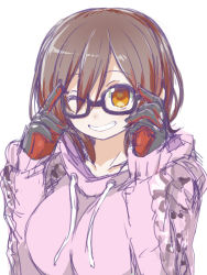 Rule 34 | 1girl, black-framed eyewear, breasts, brown eyes, commentary request, gloves, grin, hololive, hood, hoodie, large breasts, looking at viewer, mechanical arms, naitou kouse, navel, one eye closed, roboco-san, roboco-san (hoodie), simple background, sketch, smile, solo, virtual youtuber, white background