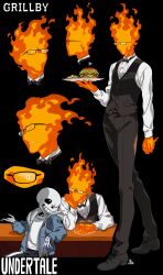 Rule 34 | 2boys, absurdres, arm at side, black-framed eyewear, black background, black footwear, black necktie, black pants, black shorts, black vest, blue jacket, burger, burning, buttons, cel shading, character name, collared shirt, commentary, copyright name, counter, drawstring, elbow rest, fire, food, french fries, from side, full body, glasses, grillby, grin, head on hand, highres, holding, holding plate, hood, hood down, hooded jacket, jacket, kamezaemon, long sleeves, male focus, multiple boys, multiple views, necktie, no mouth, no nose, one eye closed, open clothes, open jacket, pants, plate, sans, shirt, shoes, shorts, simple background, skeleton, smile, solo focus, standing, undertale, uniform, vest, white shirt, zipper