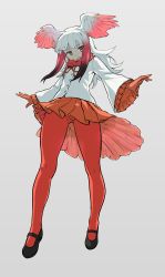Rule 34 | 10s, 1girl, buttons, expressionless, frilled sleeves, frills, full body, gloves, half-closed eyes, head wings, highres, japanese crested ibis (kemono friends), jitome, kemono friends, legs, long hair, long sleeves, looking at viewer, mary janes, multicolored hair, panties, pantyhose, pantyshot, parted lips, pleated skirt, red gloves, red pantyhose, red skirt, shiba itsuki, shirt, shoes, simple background, skirt, solo, standing, tail, thighs, two-tone hair, underwear, white background, white hair, white shirt, wide sleeves, wings, yellow eyes