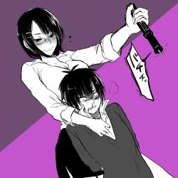 Rule 34 | 1boy, 1girl, black hair, black skirt, blood, blush, glasses, grabbing, grabbing from behind, hiero0301, japanese text, long sleeves, monochrome, purple background, shirt, short hair, skirt, smile, speech bubble, taser, tears, tongue, tongue out, torture, translation request, weapon, white shirt, yandere