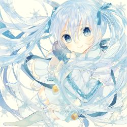 Rule 34 | 1girl, bell, blue eyes, blue hair, boots, hatsune miku, io enishi, long hair, looking at viewer, matching hair/eyes, mittens, skirt, smile, snowflakes, solo, thigh boots, thighhighs, twintails, very long hair, vocaloid, yuki miku