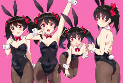 Rule 34 | 10s, 1girl, alternate costume, animal ears, arm up, ass, back, bare shoulders, black hair, black leotard, black pantyhose, bow, bowtie, breasts, cleavage, detached collar, fake animal ears, fake tail, hair bow, kurokawa makoto, leotard, long hair, looking at viewer, love live!, love live! school idol project, multiple views, pantyhose, pink background, playboy bunny, rabbit ears, rabbit tail, red bow, red eyes, red neckwear, simple background, small breasts, tail, twintails, wrist cuffs, yazawa nico