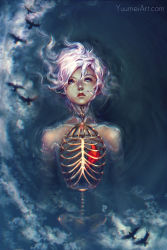 Rule 34 | androgynous, animal, artist name, bird, birdcage, black wings, blank stare, blue eyes, cage, collarbone, expressionless, flying, from above, gender request, glint, highres, hood, looking afar, looking up, nose, nude, original, outstretched wings, partially submerged, pink hair, realistic, reflection, solo, upper body, water, watermark, web address, wings, yuumei