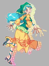 Rule 34 | apron, arm ribbon, arm strap, between fingers, blue hair, breasts, chisel, commentary, dress, full body, green apron, green headwear, green hood, green scarf, grey background, haniyasushin keiki, head scarf, highres, holding, jewelry, long hair, looking back, magatama, magatama necklace, medium breasts, nail polish, necklace, open mouth, purple eyes, ribbon, sandals, scarf, shikido (khf), simple background, single strap, symbol-only commentary, teeth, toenail polish, toenails, tools, touhou, upper teeth only, wood carving tool, yellow dress