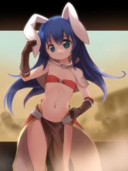 Rule 34 | 1girl, animal ears, bikini, bikini top only, blue eyes, blue hair, blush, brown capelet, brown gloves, capelet, closed mouth, commentary request, emurin, feet out of frame, flat chest, gloves, highres, long hair, looking at viewer, mage (ragnarok online), majiko (emurin), midriff, navel, o-ring, o-ring bikini, pelvic curtain, rabbit ears, ragnarok online, red bikini, red skirt, showgirl skirt, skirt, solo, star (symbol), star in eye, swimsuit, symbol in eye