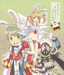 Rule 34 | 1girl, 2boys, animal ears, animal hat, argyle, argyle clothes, argyle coat, bikini, black scarf, blue scarf, blush, bow, bracer, breasts, brown footwear, brown hair, cleavage, coat, commentary request, cowboy shot, fake animal ears, feathered wings, flask, full body, gas mask, genetic (ragnarok online), gloves, green background, green eyes, green hair, hat, large bow, long hair, looking at viewer, m/, mask, medium breasts, midriff, minstrel (ragnarok online), multiple boys, nyt (1-0-z), open mouth, pants, paw pose, polka dot, polka dot scarf, rabbit ears, rabbit hat, ragnarok online, red bikini, red bow, red coat, round-bottom flask, sandals, scarf, short hair, smile, striped clothes, striped scarf, swimsuit, translation request, vial, wanderer (ragnarok online), white gloves, white pants, white scarf, white wings, wings
