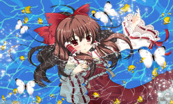 Rule 34 | 1girl, bad id, bad pixiv id, bow, brown hair, bug, butterfly, detached sleeves, female focus, hair bow, hakurei reimu, holylunar, insect, red bow, red eyes, short hair, solo, touhou, water