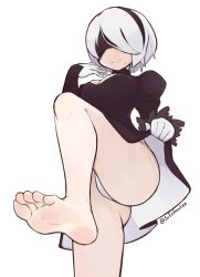 Rule 34 | 1girl, ass, barefoot, blindfold, breasts, cleavage, clothes lift, covered eyes, dress, dress lift, feet, foreshortening, hairband, highres, large breasts, medium hair, nier:automata, nier (series), panties, pantyshot, smile, softhanten, soles, thighs, toes, underwear, upskirt, white hair, 2b (nier:automata)