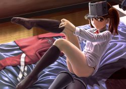 Rule 34 | 10s, 1girl, abazu-red, adjusting clothes, adjusting legwear, bed, black legwear, brown eyes, brown hair, clothes, japanese clothes, kantai collection, kariginu, looking at viewer, magatama, pleated skirt, ryuujou (kancolle), shade, sitting, skirt, smile, solo, twintails, visor cap, wooden floor