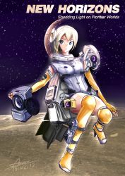 Rule 34 | 10s, 1girl, 2015, absurdres, american flag, anomonny, backpack, bag, camera, charon (moon), copyright name, dated, english text, floating, full body, highres, machinery, mecha musume, nasa, new horizons, no headwear, no headwear, original, over-kneehighs, personification, pluto (planet), solo, space, thighhighs, yellow thighhighs