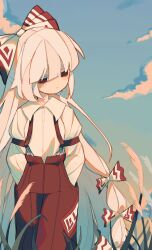 Rule 34 | 1girl, absurdres, arm strap, blue sky, bow, closed mouth, cloud, collared shirt, commentary request, cowboy shot, expressionless, fujiwara no mokou, hair bow, hands in pockets, highres, long hair, long sleeves, meonjiuikkum, multiple hair bows, outdoors, pants, red bow, red eyes, red pants, reeds, shirt, sky, solo, suspenders, touhou, two-tone bow, very long hair, white bow, white hair, white shirt