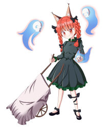 Rule 34 | 1girl, aladry, animal ears, black bow, black footwear, blush, bow, braid, cat ears, cat tail, dress, green dress, hair bow, kaenbyou rin, leg ribbon, long sleeves, looking at viewer, multiple tails, red eyes, red hair, ribbon, shoes, skull, smile, solo, tail, touhou, twin braids, two tails, wheelbarrow