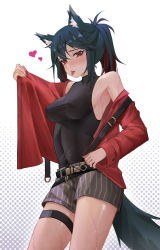 Rule 34 | 1girl, :p, absurdres, animal ears, arknights, black hair, black shirt, breasts, colored inner hair, covered erect nipples, cowboy shot, grey shorts, heart, highres, jacket, medium breasts, multicolored hair, open clothes, open jacket, ponytail, red eyes, red jacket, sama (sama24654684), shirt, shorts, sidelocks, simple background, sleeveless, sleeveless shirt, solo, tail, texas (arknights), thigh strap, tongue, tongue out, white background, wolf ears, wolf girl, wolf tail