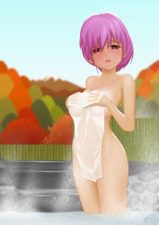 Rule 34 | 1girl, acerbi, covering privates, highres, nude, onsen, original, pink hair, red eyes, short hair, solo, towel