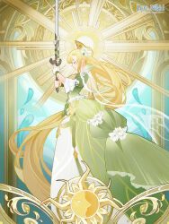 Rule 34 | 1girl, arch, blonde hair, breasts, closed eyes, commentary, copyright name, dress, earrings, english commentary, flower, green dress, hair flower, hair ornament, halo, highres, holding, holding sword, holding weapon, jewelry, lips, long dress, long hair, long sleeves, medium breasts, miracle nikki, official art, solo, sun symbol, sunlight, sword, water, weapon