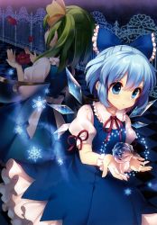 Rule 34 | 2girls, absurdres, back-to-back, blue dress, blue eyes, blue hair, blush, checkered floor, cirno, daiyousei, dress, dutch angle, fairy wings, flower, green hair, hair ornament, hair ribbon, highres, ice, ice flower, ice wings, masaru.jp, multiple girls, petals, puffy sleeves, ribbon, sash, scan, short hair, short sleeves, side ponytail, snowflakes, touhou, wings