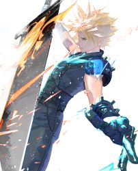 Rule 34 | 1boy, armor, belt, blonde hair, blue eyes, blue pants, blue shirt, buster sword, cloud strife, cofffee, earrings, fighting stance, final fantasy, final fantasy vii, final fantasy vii remake, fire, gloves, holding, holding sword, holding weapon, jewelry, male focus, multiple belts, pants, perspective, shirt, shoulder armor, single earring, solo, spiked hair, square enix, suspenders, sword, upper body, weapon, white background