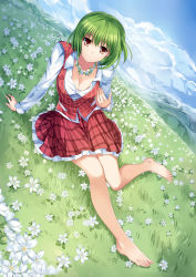 Rule 34 | 1girl, arm support, bad id, bad pixiv id, bare legs, barefoot, breasts, cleavage, day, dress shirt, feet, female focus, flower, full body, green hair, highres, kazami yuuka, meadow, medium breasts, outdoors, pico (picollector79), plaid, plaid skirt, plaid vest, red eyes, shirt, short hair, sitting, skirt, sky, smile, solo, touhou, vest, wreath