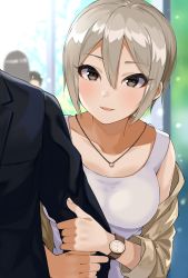 Rule 34 | 1boy, 1girl, arm hug, black eyes, collarbone, commentary request, gomashi (goma), grey hair, hair between eyes, idolmaster, idolmaster cinderella girls, jewelry, looking at viewer, necklace, off shoulder, open mouth, out of frame, shiomi syuko, short hair, smile, solo focus, watch, wristwatch