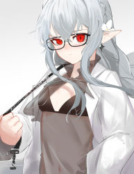 Rule 34 | 1girl, absurdres, ao oni (onioni-aoi), arknights, bag, bikini, black bikini, black shirt, blouse, blush, breasts, ear piercing, grey background, grey hair, highres, jacket, looking at viewer, navel, official alternate costume, open clothes, open jacket, pale skin, piercing, pointy ears, red eyes, see-through, see-through shirt, shirt, shoulder bag, simple background, small breasts, solo, swimsuit, upper body, v-shaped eyebrows, warfarin (arknights), warfarin (casual vacation) (arknights), white jacket