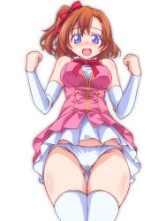 Rule 34 | 10s, 1girl, :d, blue eyes, blush, breasts, clenched hands, cowboy shot, crotch seam, detached sleeves, dress, gluteal fold, hair ribbon, kikuchi tsutomu, kosaka honoka, layered dress, looking at viewer, love live!, love live! school idol festival, love live! school idol project, medium breasts, microdress, neck ribbon, one side up, open mouth, orange hair, panties, pink dress, red ribbon, ribbon, short hair, simple background, skindentation, sleeveless, sleeveless dress, smile, solo, standing, thigh gap, thighhighs, underwear, w arms, white background, white panties, white thighhighs