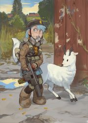 Rule 34 | 1girl, assault rifle, backpack, bag, bandaid, bandaid on cheek, bandaid on face, bandaid on nose, blue eyes, blue hair, boots, brown footwear, child, creature, gloves, grey gloves, gun, highres, hilda (hilda), hilda (series), holding, holding gun, holding weapon, mossacannibalis, open mouth, outdoors, respirator, rifle, shell casing, solo, standing, tactical clothes, trigger discipline, twig (hilda), vest, weapon, weapon request