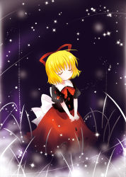 Rule 34 | 1girl, black background, blonde hair, bow, catbell, dress, closed eyes, female focus, flower, grass, hair ribbon, lily of the valley, medicine melancholy, ribbon, short hair, smile, solo, sparkle, touhou, v arms