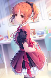 Rule 34 | 1girl, abe nana, black thighhighs, blurry, blush, cellphone, chair, cosmetics, cowboy shot, depth of field, dress, dressing room, frilled dress, frills, hair ribbon, highres, holding, holding ribbon, idolmaster, idolmaster cinderella girls, kagami (galgamesion), layered dress, looking away, looking back, md5 mismatch, mirror, neck ribbon, orange hair, parted bangs, patterned clothing, phone, pinafore dress, ponytail, puffy short sleeves, puffy sleeves, resolution mismatch, ribbon, ribbon trim, short sleeves, sleeveless dress, smile, solo, source larger, thighhighs, zettai ryouiki