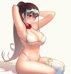 Rule 34 | 1girl, adjusting hair, arms behind back, bead necklace, beads, bikini, blush, breasts, brown hair, cleavage, closed mouth, earrings, fate/grand order, fate (series), hair between eyes, high ponytail, hoop earrings, jewelry, korean commentary, large breasts, long hair, navel, necklace, pink eyes, ponytail, prayer beads, single thighhigh, sitting, sungwon, swimsuit, thighhighs, thighs, tying hair, underboob, white background, white bikini, xuangzang sanzang (fate)