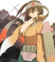 Rule 34 | 10s, 1girl, breasts, brown eyes, brown hair, foreshortening, frown, hiryuu (kancolle), japanese clothes, kantai collection, large breasts, looking at viewer, md5 mismatch, one side up, resized, short hair, side ponytail, solo, tsukamoto minori, wiping face