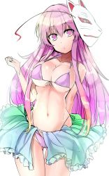 Rule 34 | 1girl, bikini, breasts, cameltoe, collarbone, expressionless, fox mask, gluteal fold, hata no kokoro, highleg, highleg bikini, highres, large breasts, long hair, looking at viewer, mask, mask on head, one-hour drawing challenge, pink bikini, pink eyes, pink hair, sarong, solo, swimsuit, thigh gap, touhou, y2