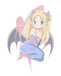Rule 34 | 1girl, ahoge, animal print, astarotte ygvar, bare shoulders, bat print, blonde hair, blue pantyhose, cosplay, demon wings, fang, fang out, flat chest, green eyes, hair ribbon, high heels, leotard, lilith aensland, lilith aensland (cosplay), long hair, looking at viewer, lotte no omocha!, pantyhose, pointy ears, print pantyhose, red leotard, ribbon, robojanai, simple background, smile, solo, trait connection, twintails, vampire (game), white background, wings