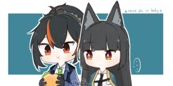 2girls animal_ears black_gloves black_hair black_necktie blunt_bangs burger chibi eating food fox_ears fox_girl gloves hair_between_eyes highres holding holding_burger holding_food hoshimi_miyabi light_blush long_hair multicolored_hair multiple_girls necktie orange_eyes orange_hair police police_uniform policewoman red_eyes shiio_rii sidelocks simple_background streaked_hair two-tone_hair zenless_zone_zero zhu_yuan