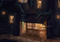 Rule 34 | absurdres, ame246, bakery, basket, bread, building, cash register, chimney, commentary request, flower pot, food, highres, jam, lantern, light, night, no humans, note, original, paper, path, plant, road, scenery, shelf, shop, smoke, stairs, stone stairs, vines, window