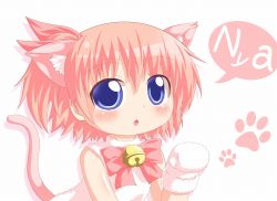 Rule 34 | 1girl, animal ears, bell, blue eyes, blush, cat ears, cat tail, chibi, child, kers0607, looking at viewer, open mouth, original, pink hair, short hair, simple background, solo, tail, white background
