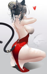 Rule 34 | 1girl, animal ears, arknights, arm up, armpits, ass, back, backless dress, backless outfit, bare shoulders, black hair, breasts, cat ears, cat girl, cat tail, clothing cutout, dress, earrings, extra ears, female focus, from side, full body, hair bun, heart, highres, jewelry, large breasts, long hair, omone hokoma agm, red dress, schwarz (arknights), short hair, sideboob, sidelocks, signature, simple background, single hair bun, solo, squatting, tail, tail ornament, tail ring, tail through clothes, white background