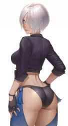 Rule 34 | 1girl, angel (kof), ass, black gloves, black jacket, black panties, blue eyes, breasts, butt crack, chaps, cheshirrr, commentary, cropped jacket, fingerless gloves, fingernails, from behind, gloves, hair over one eye, hand on own hip, highres, jacket, large breasts, leather, leather jacket, looking at viewer, looking back, panties, shiny clothes, shiny skin, short hair, simple background, sleeves rolled up, smile, snk, solo, the king of fighters, the king of fighters 2001, thighs, tongue, tongue out, underwear, white background, white hair