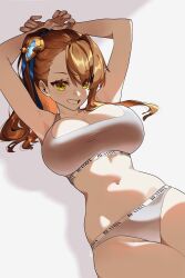 Rule 34 | 1girl, armpits, arms up, beatrix (granblue fantasy), bra, breasts, brown hair, calvin klein, commission, granblue fantasy, green eyes, grey bra, grey panties, hair ornament, highres, large breasts, lying, midriff, monkey jon, panties, ponytail, smile, underwear, white background