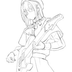 Rule 34 | 1girl, ascot, bang dream!, bang dream! it&#039;s mygo!!!!!, beret, cowboy shot, greyscale, guitar, hat, holding, holding guitar, holding instrument, holding plectrum, instrument, long sleeves, looking at viewer, mask, monochrome, mouth mask, nininikal, plectrum, see-through, see-through sleeves, simple background, solo, wakaba mutsumi, white background