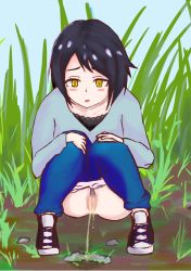 Rule 34 | 1girl, bar censor, black footwear, black hair, blue pants, blush, breasts, buta no fuguri, censored, cloud, collarbone, denim, grass, grey shirt, highres, holding, jeans, large breasts, long sleeves, looking down, open mouth, panties, pants, panty pull, peeing, pink panties, pubic hair, puddle, pussy, rock, shirt, shoes, short hair, sky, sneakers, squatting, tissue, underwear, yellow eyes