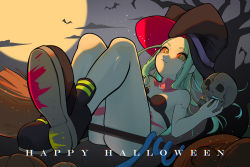 Rule 34 | 1girl, absurdres, aqua hair, artificial eye, bare shoulders, bat (animal), black bra, black footwear, bra, breasts, broom, broom riding, candy, cloud, collarbone, colored sclera, colored skin, commentary, cyberpunk (series), cyberpunk edgerunners, food, green eyes, halloween, happy halloween, hat, highres, leg tattoo, long hair, looking at viewer, mechanical eye, moon, neck tattoo, night, outdoors, petite, pumpkin, rebecca (cyberpunk), red pupils, red sclera, shoes, skindentation, skull, sky, small breasts, smile, smug, solo, star (sky), starry sky, stomach tattoo, straight hair, strapless, strapless bra, symbol world, tattoo, thick thighs, thighs, underwear, very long hair, white skin, witch hat
