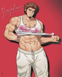 Rule 34 | 1boy, abs, alternate costume, bara, blue eyes, blush, broken heart, broken heart print, brown hair, bulge, casual, clothes lift, commission, facial hair, fate/grand order, fate (series), feet out of frame, goatee, heart, highres, kirovskiii, large pectorals, lifting own clothes, long sideburns, looking at viewer, male focus, mature male, muscular, muscular male, napoleon bonaparte (fate), navel, navel hair, nipples, pants, pectoral cleavage, pectorals, print shirt, scar, scar on arm, scar on chest, scar on stomach, seductive smile, shirt, shirt lift, shirt rolled up, short hair, sideburns, smile, solo, standing, stomach, tank top, thick thighs, thighs, track pants, white pants, white tank top