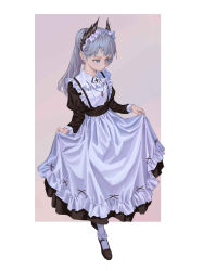 Rule 34 | 1girl, absurdres, ambience synesthesia, apron, arknights, averting eyes, bingdongluofeiyu, black dress, black footwear, closed mouth, commentary request, dress, frilled apron, frills, full body, grey background, grey eyes, grey hair, highres, irene (arknights), juliet sleeves, long hair, long sleeves, maid, pantyhose, ponytail, puffy sleeves, shoes, skirt hold, solo, two-tone background, waist apron, white apron, white background, white pantyhose